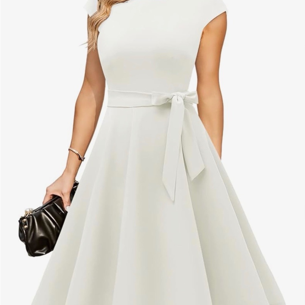 Mi White Midi Fit-and-Flare Dress with Waist Tie